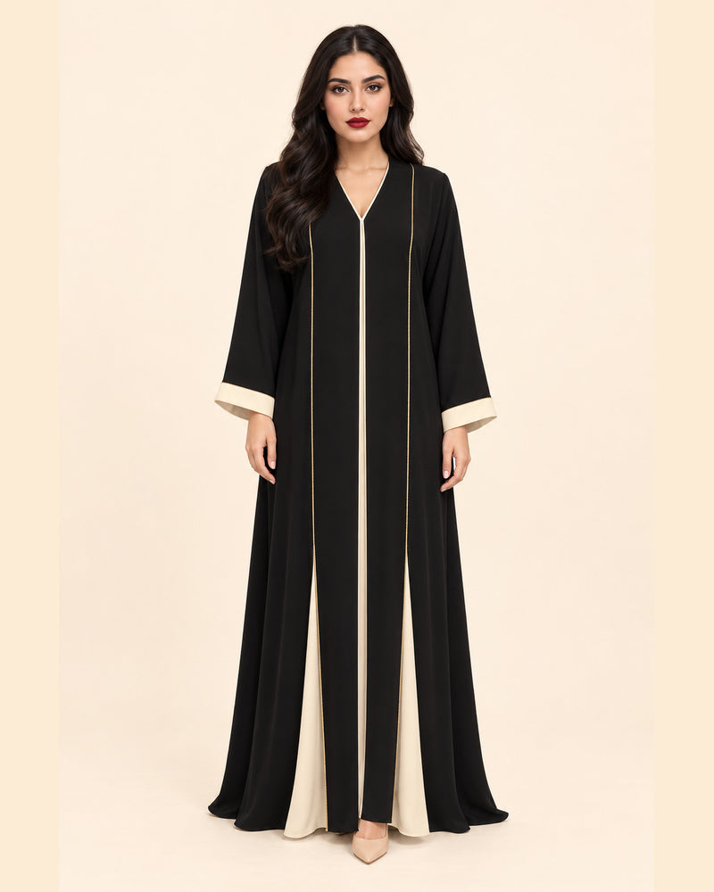 FAYRA Black & Ivory Gold-Trim Abaya