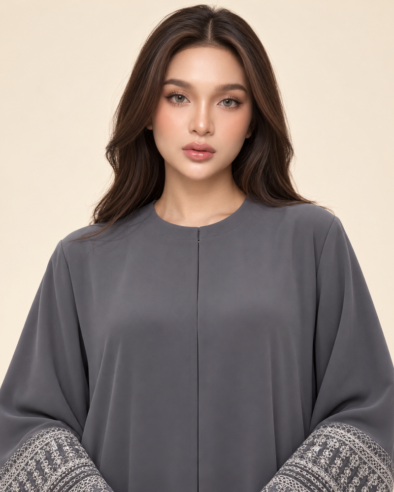 FAYRA Grey Fringe Trim Abaya