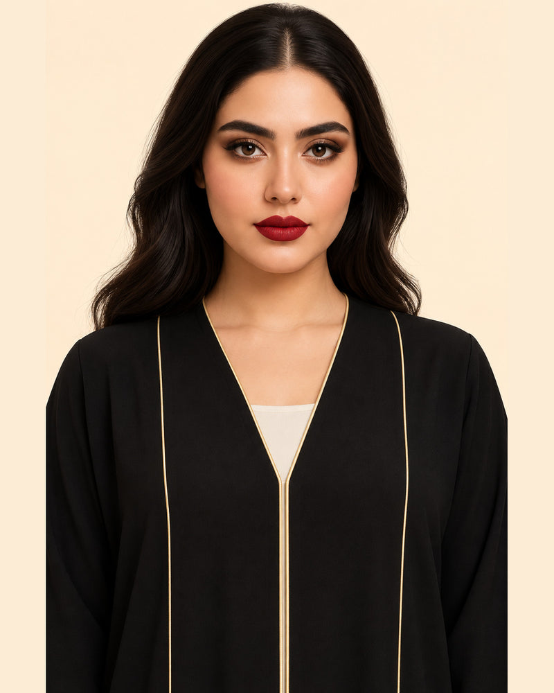 FAYRA Black & Ivory Gold-Trim Abaya