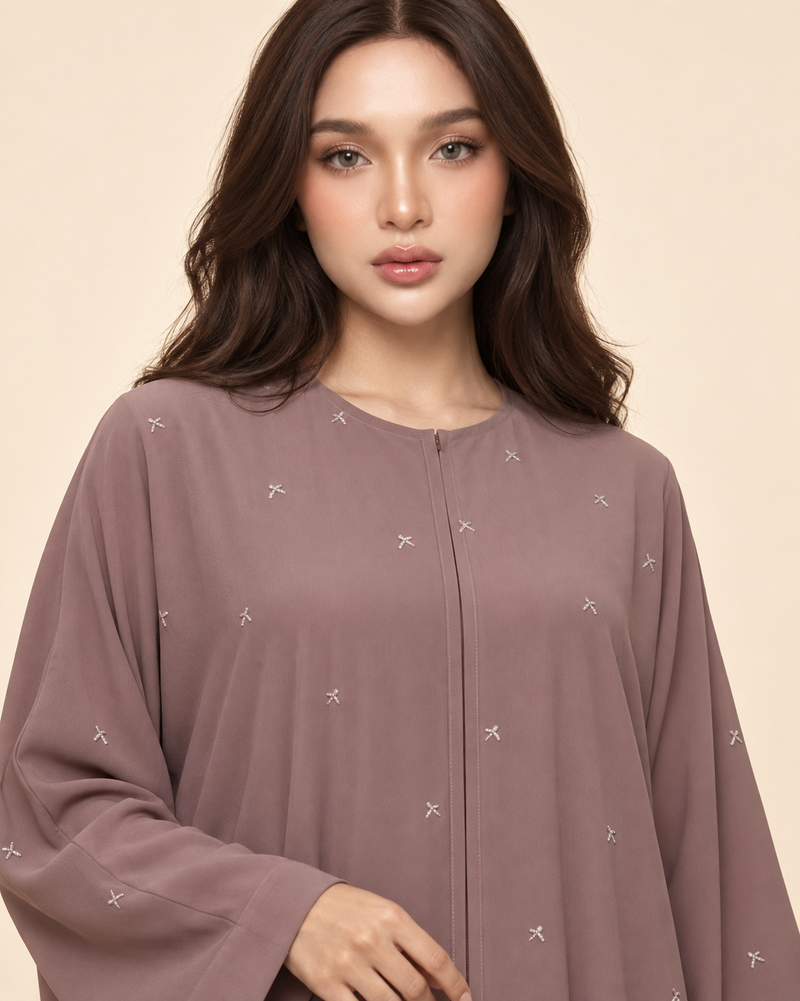 FAYRA Mauve Bow Embroidered Abaya