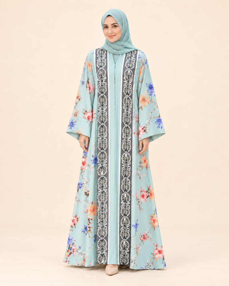 FAYRA Aqua Blossom Printed Abaya