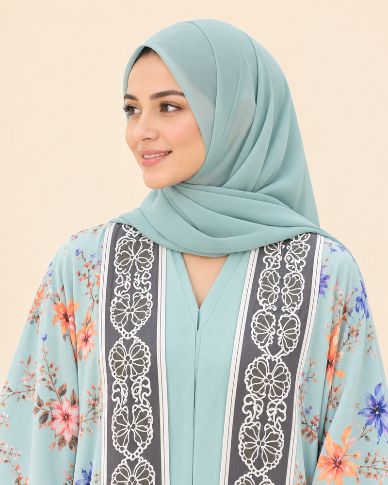 FAYRA Aqua Blossom Printed Abaya