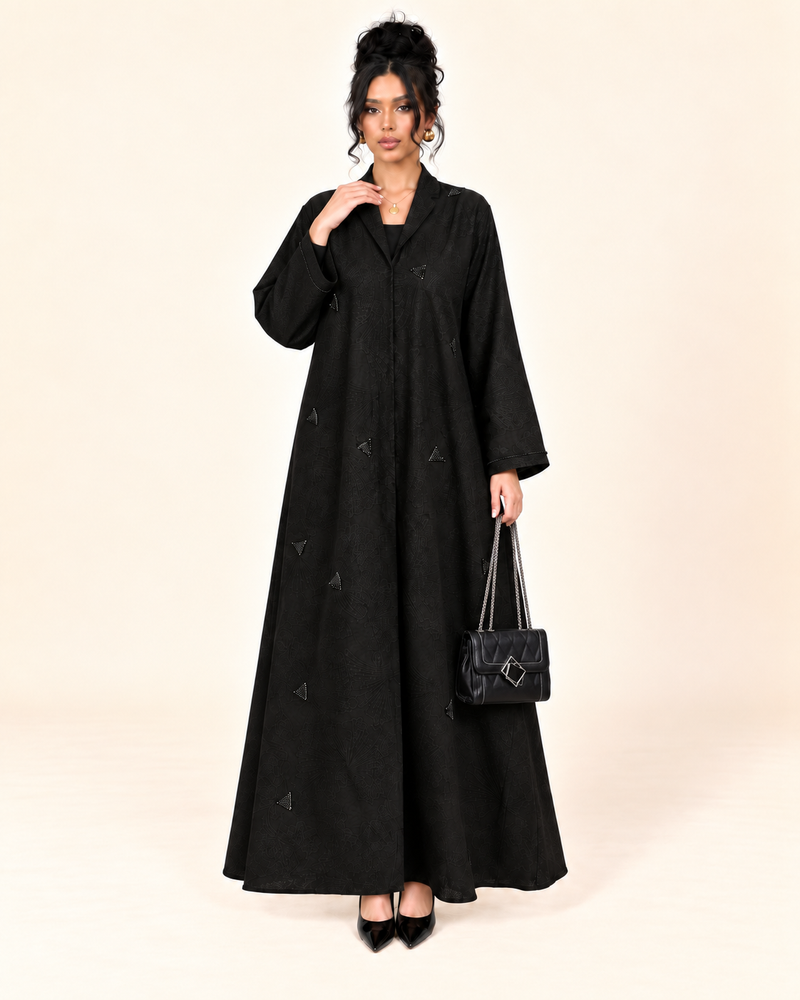 FAYRA Noir Triangle Embellished Jacquard Luxury Abaya