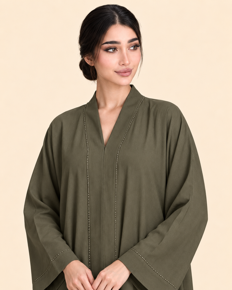 FAYRA Olive Serenity Crystal-Trim Abaya