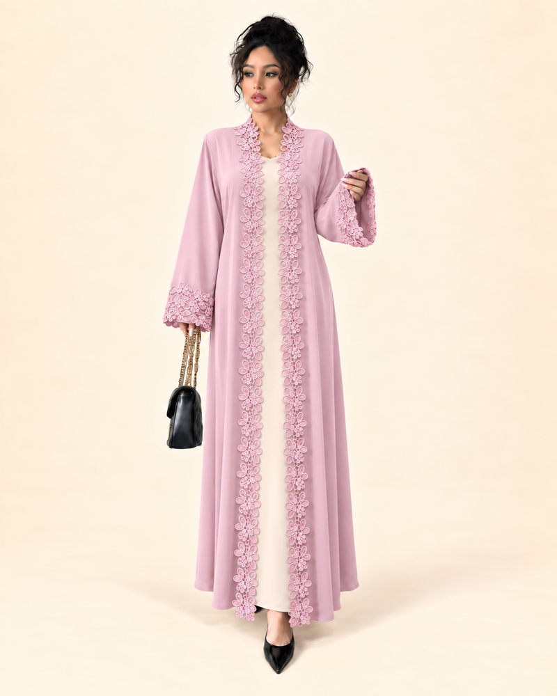 FAYRA Baby Pink Lace Party Wear Abaya