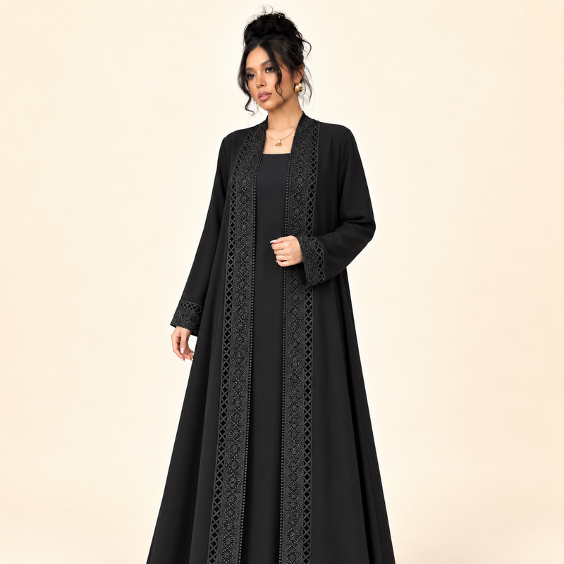 FAYRA Black Lace Open Abaya Set