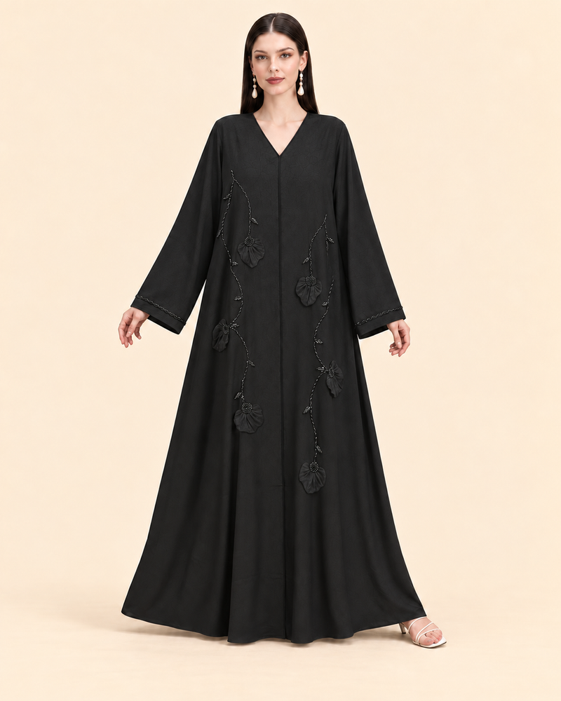 FAYRA Noir Bloom Textured Abaya Set