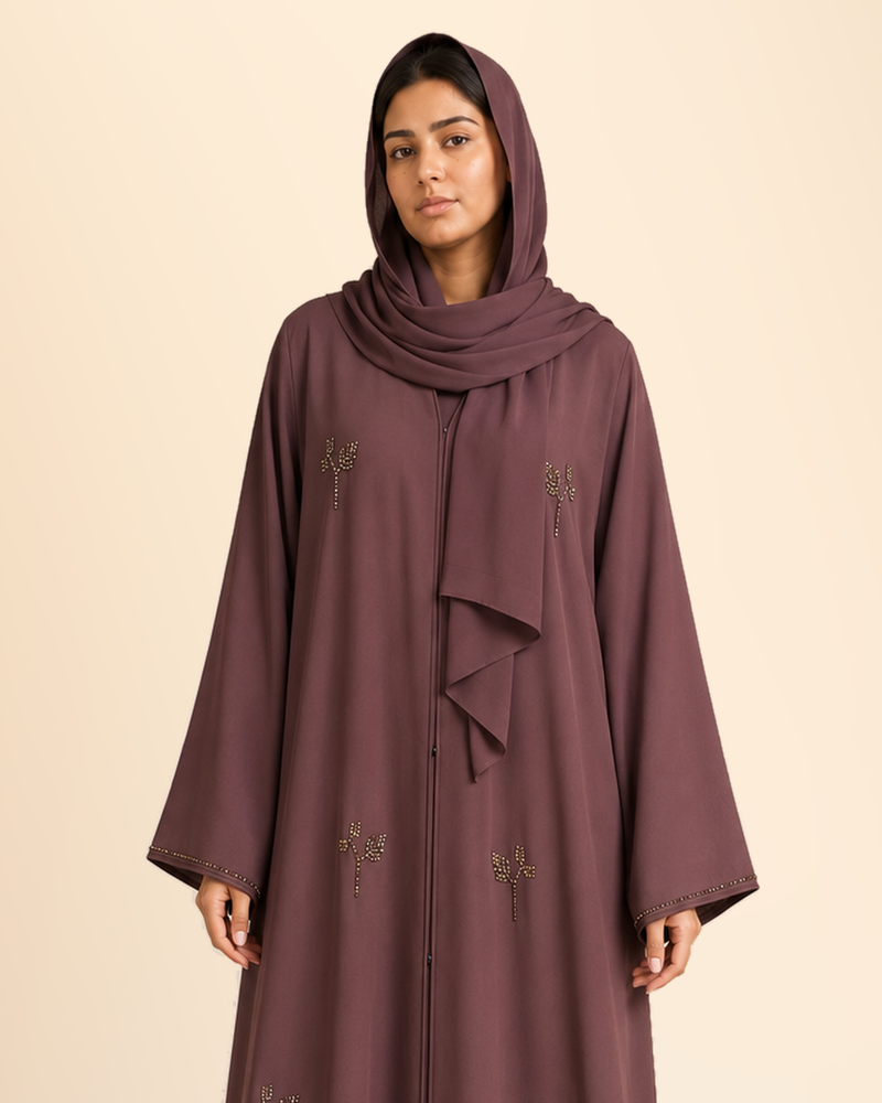 FAYRA Rosewood Crystal Leaf Abaya