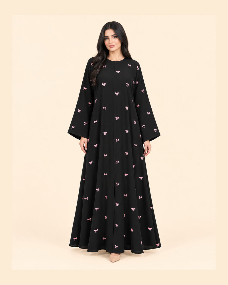 FAYRA Black Pink Bow Embroidered Abaya
