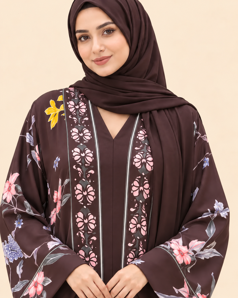 FAYRA Cocoa Bloom Floral Abaya