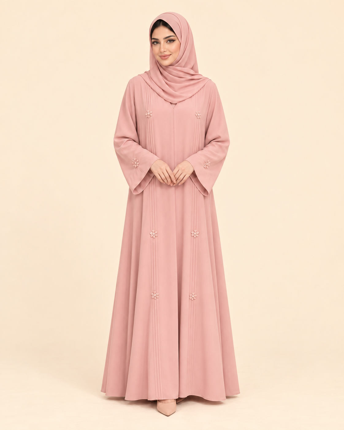 FAYRA Blush Bloom Pleated Abaya
