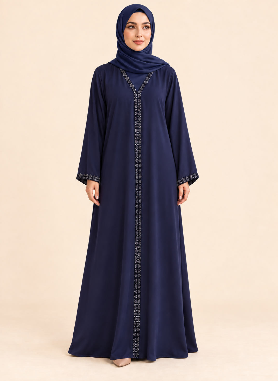 FAYRA Navy Floral Trim Abaya