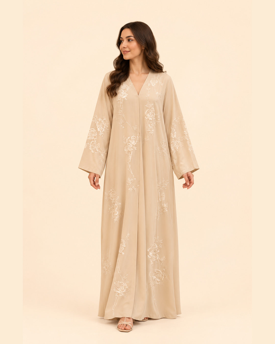 FAYRA Beige Floral Embroidered Abaya