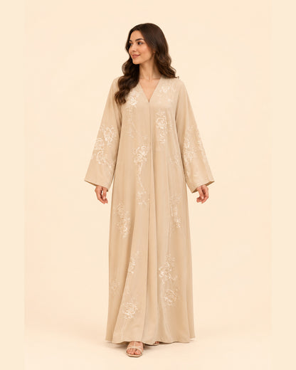 FAYRA Beige Floral Embroidered Abaya