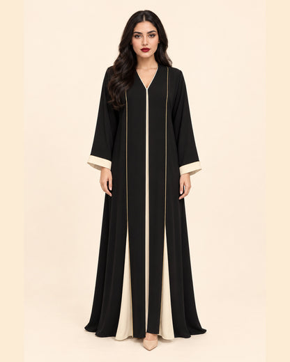 FAYRA Black & Ivory Gold-Trim Abaya