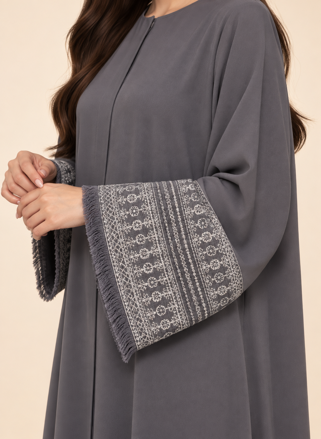 FAYRA Grey Fringe Trim Abaya