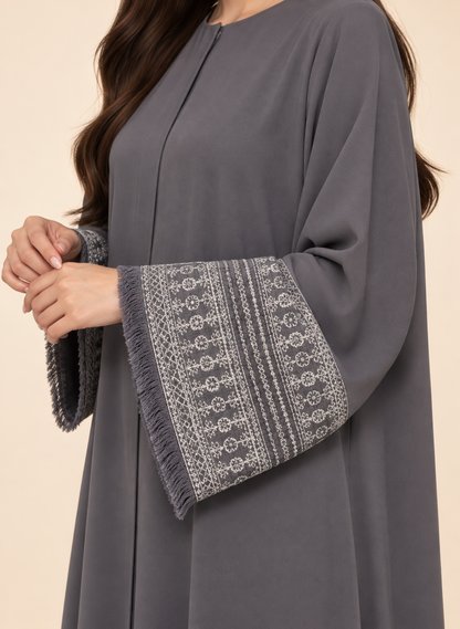 FAYRA Grey Fringe Trim Abaya