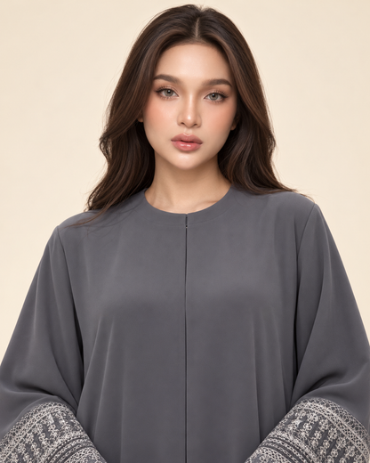 FAYRA Grey Fringe Trim Abaya