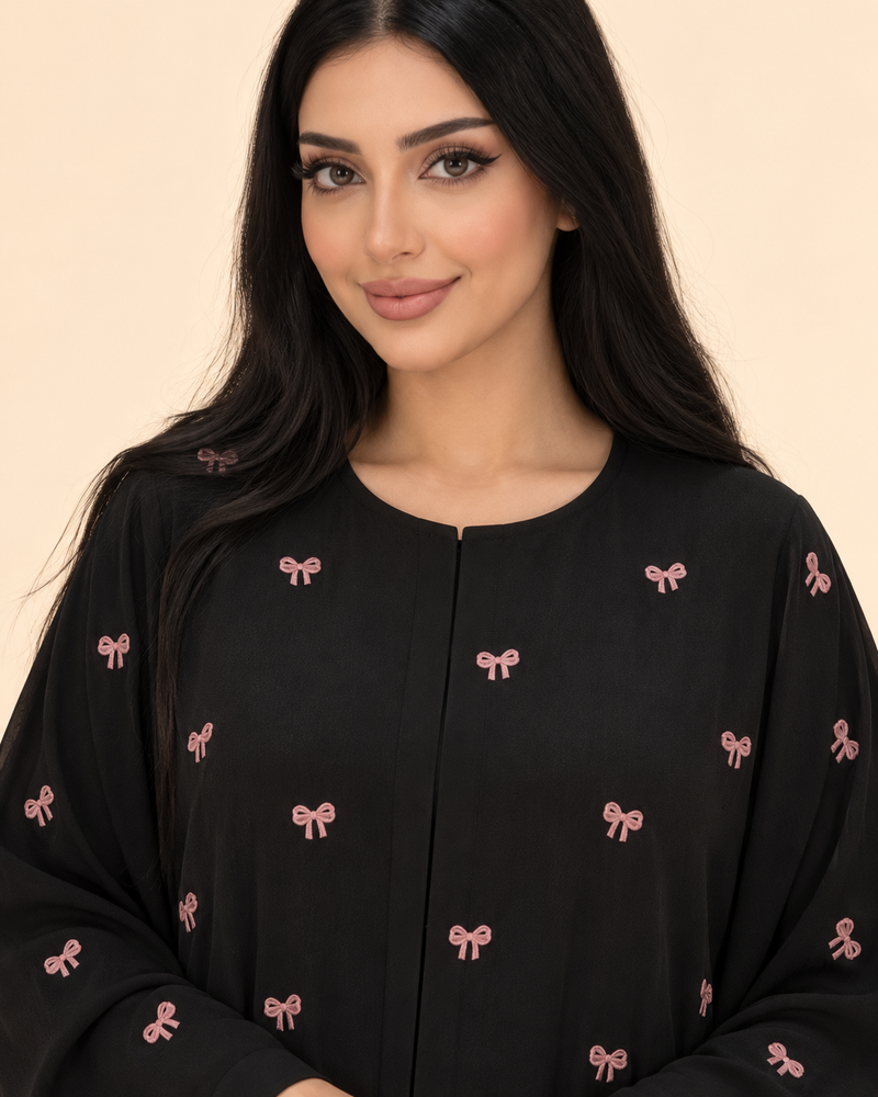 FAYRA Black Pink Bow Embroidered Abaya
