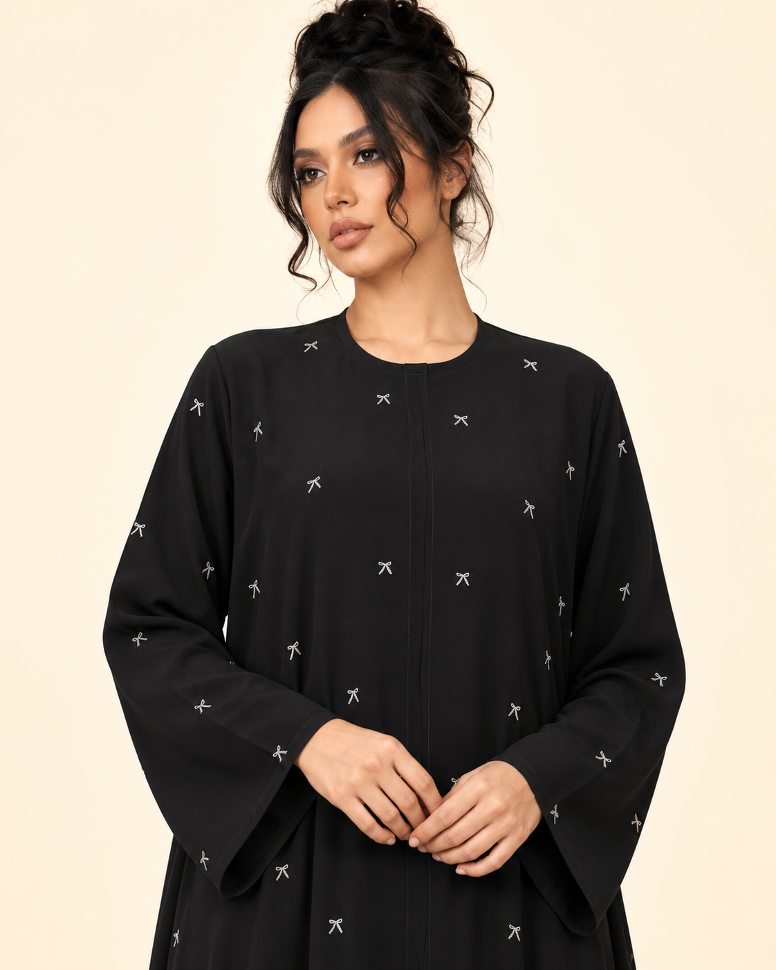 FAYRA Black Ivory Bow Embroidered Abaya