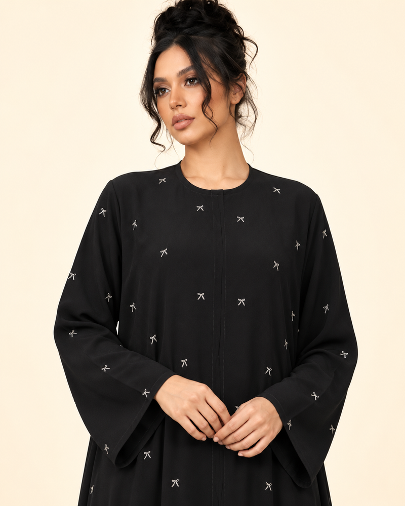 FAYRA Black Ivory Bow Embroidered Abaya