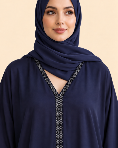 FAYRA Navy Floral Trim Abaya