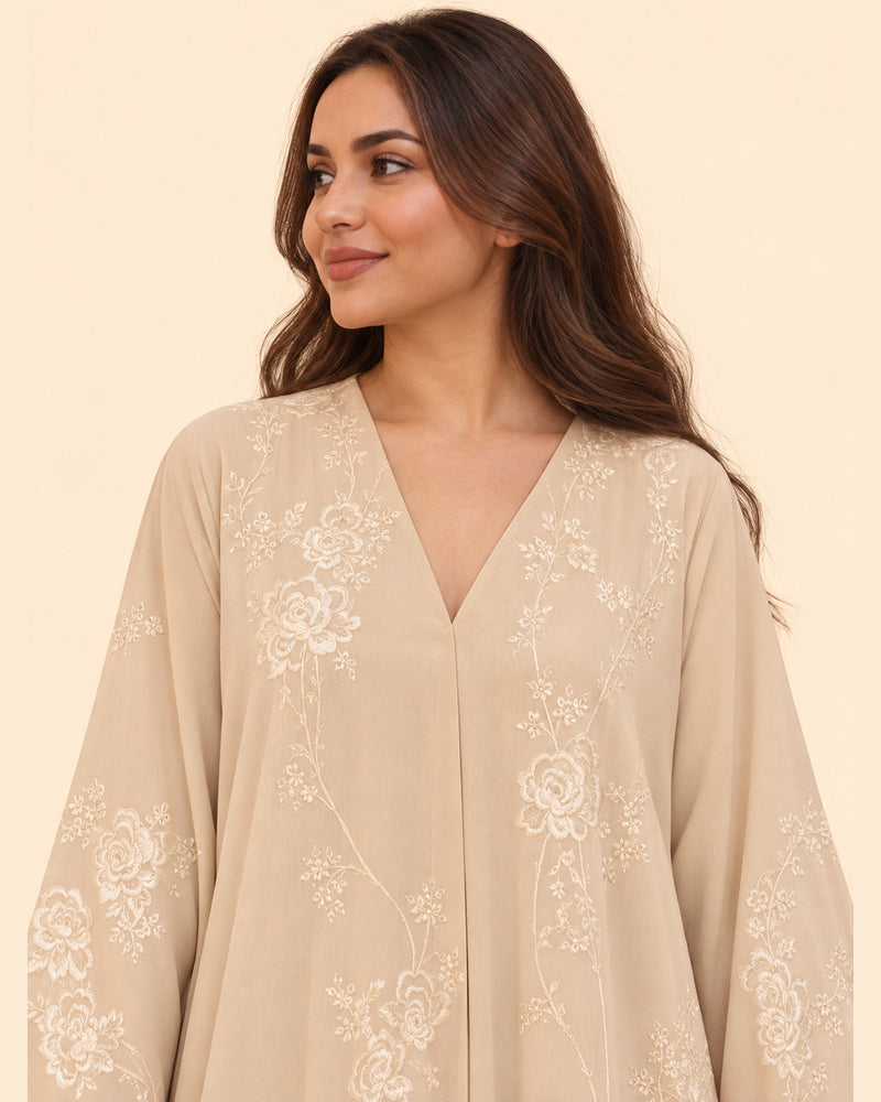 FAYRA Beige Floral Embroidered Abaya
