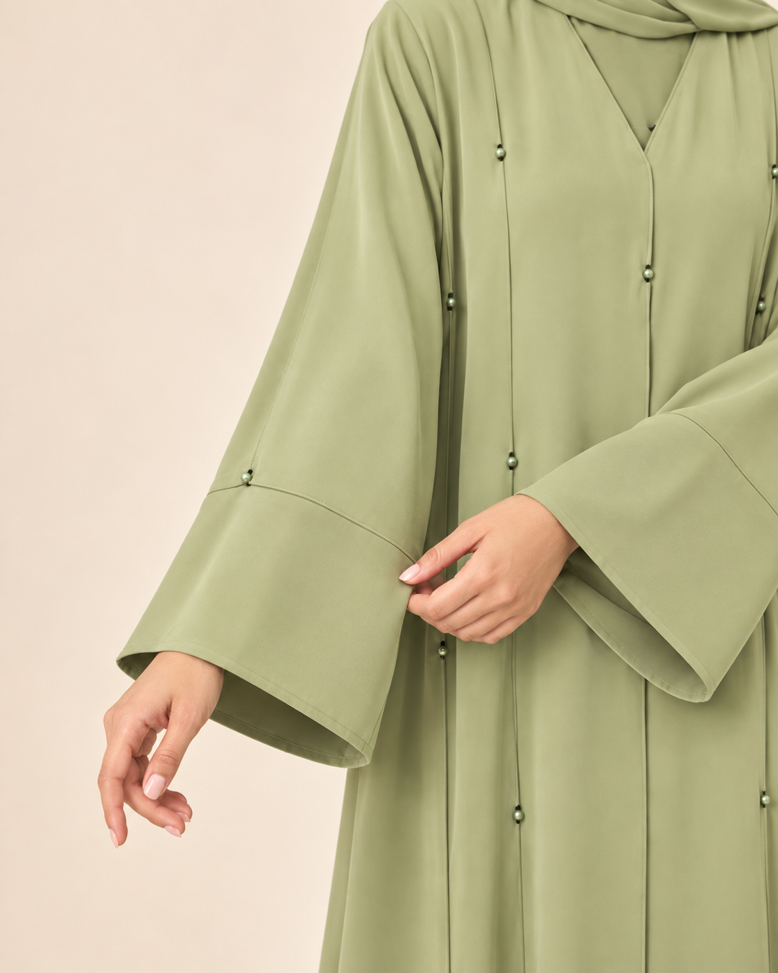 FAYRA Sage Green Bead Button Abaya