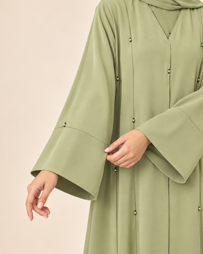 FAYRA Sage Green Bead Button Abaya