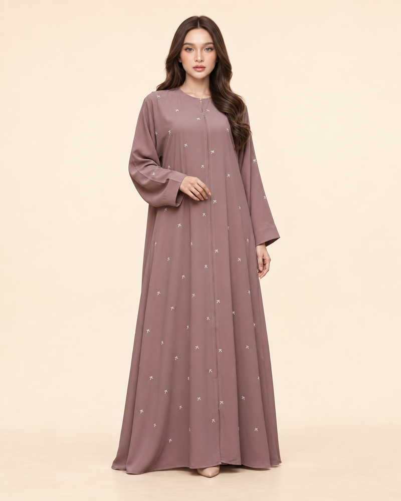 FAYRA Mauve Bow Embroidered Abaya