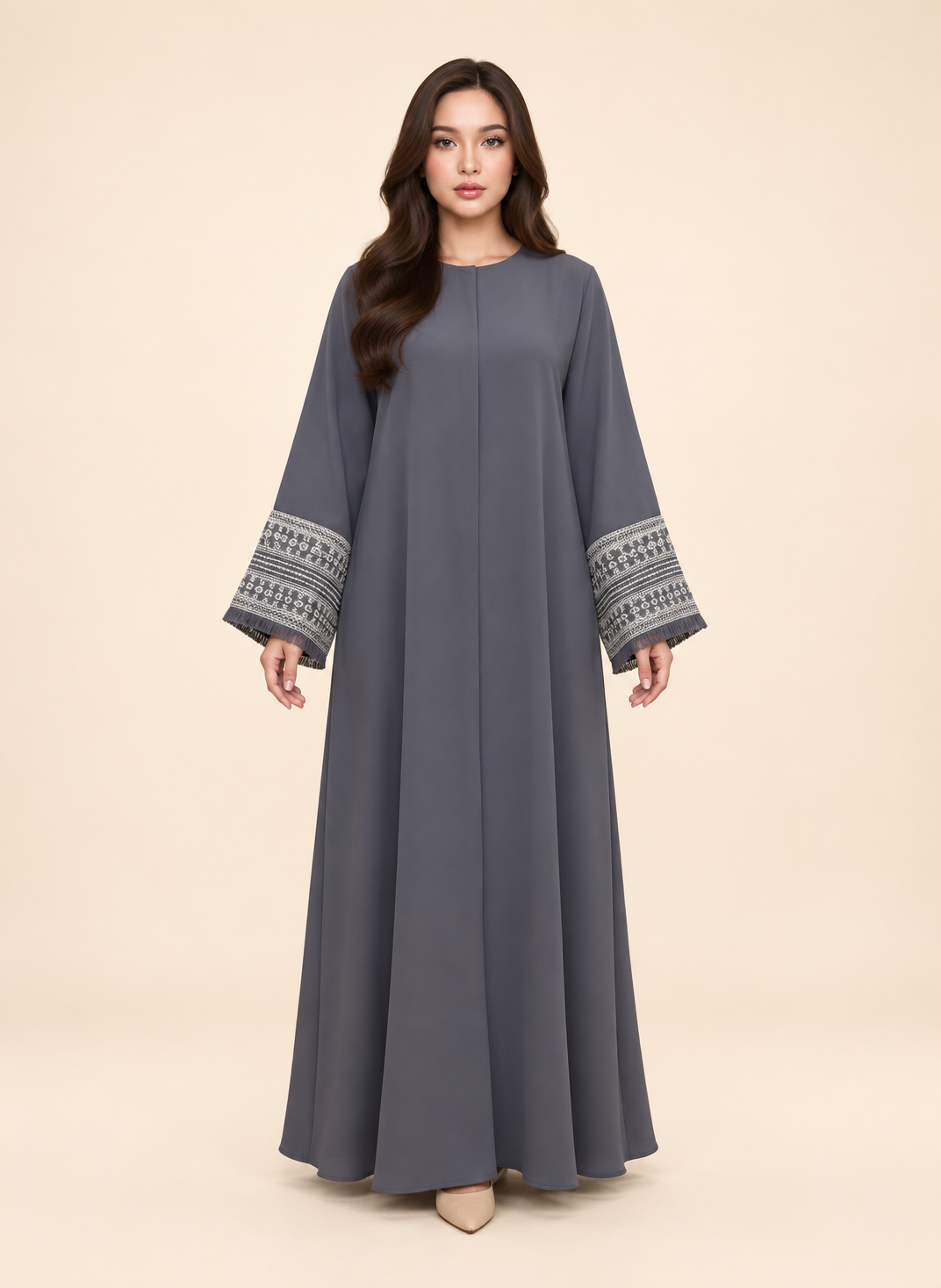 FAYRA Grey Fringe Trim Abaya