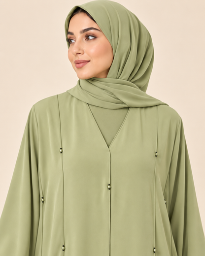 FAYRA Sage Green Bead Button Abaya