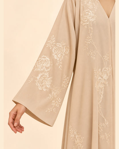 FAYRA Beige Floral Embroidered Abaya