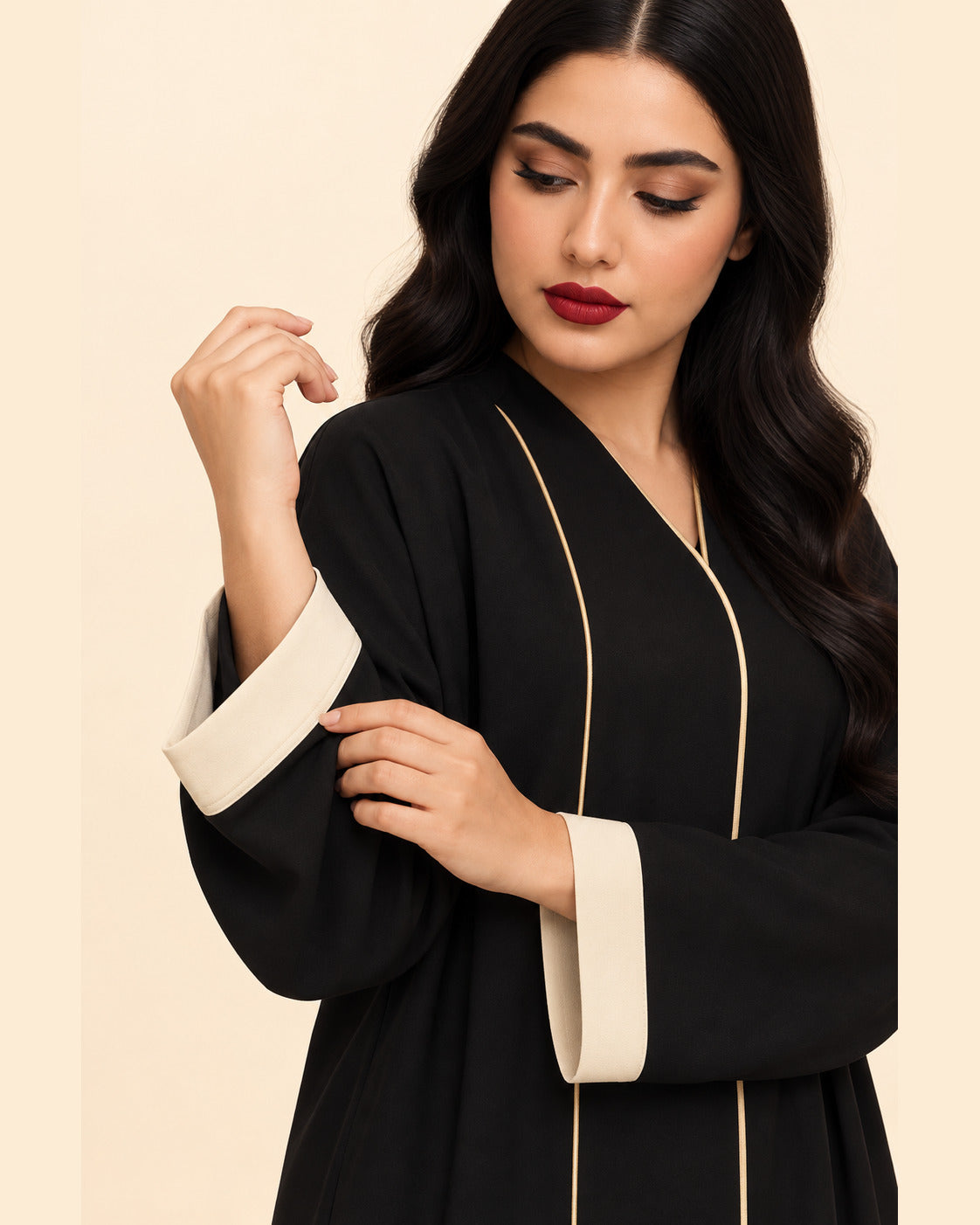 FAYRA Black & Ivory Gold-Trim Abaya