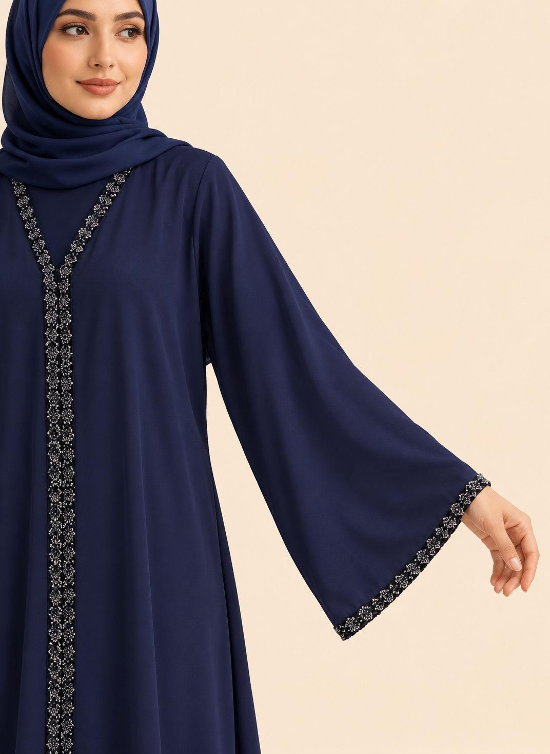 FAYRA Navy Floral Trim Abaya