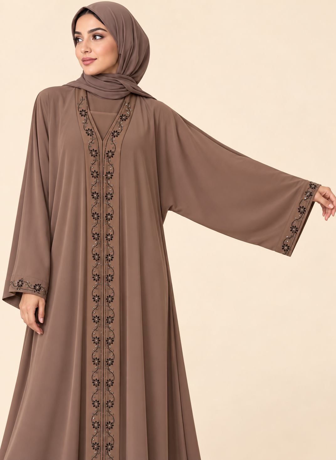 FAYRA Taupe Floral Embroidered Abaya