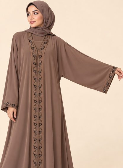 FAYRA Taupe Floral Embroidered Abaya