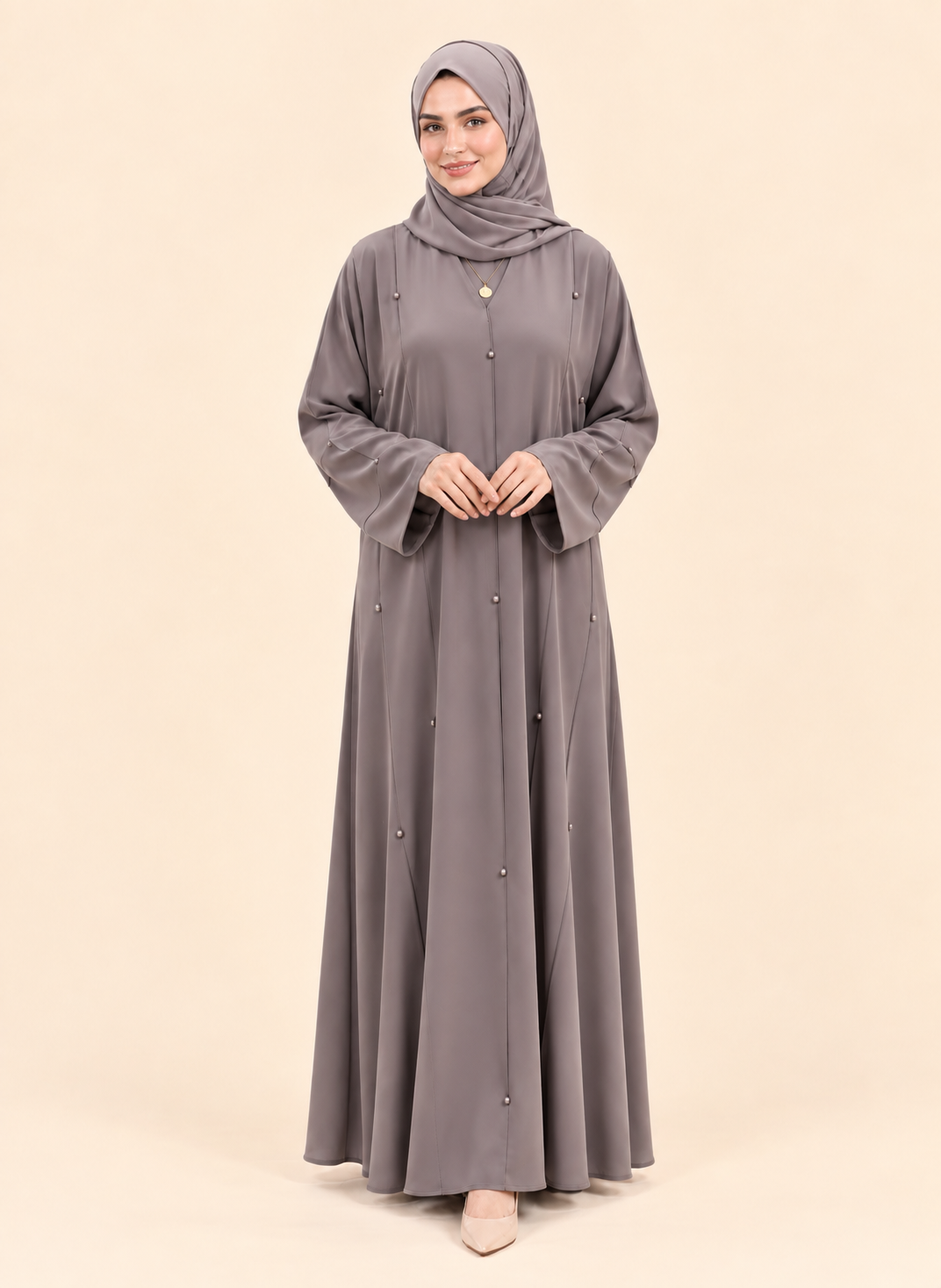 FAYRA Taupe Pearl Elegance Abaya
