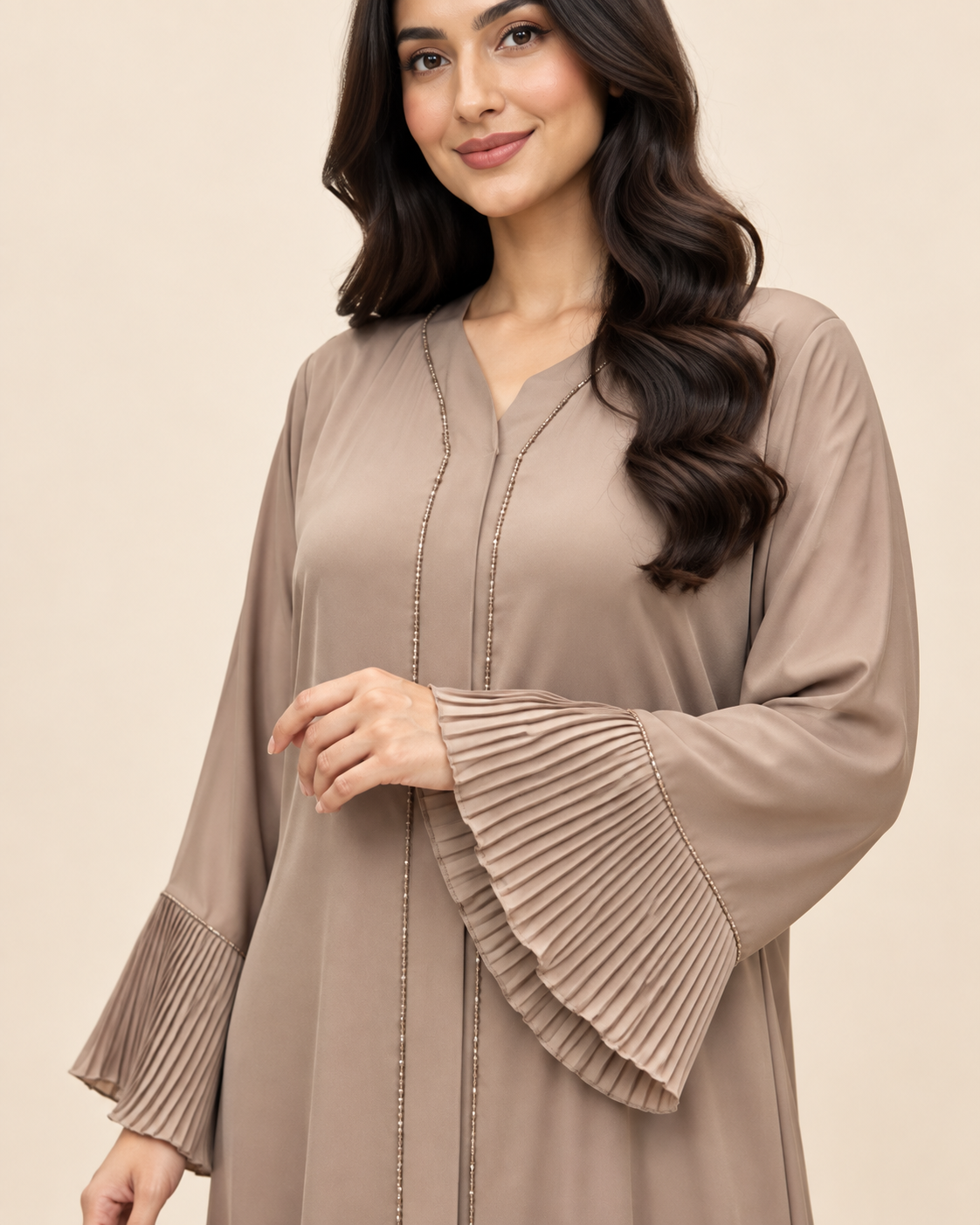 FAYRA Taupe Pleated Elegance Abaya