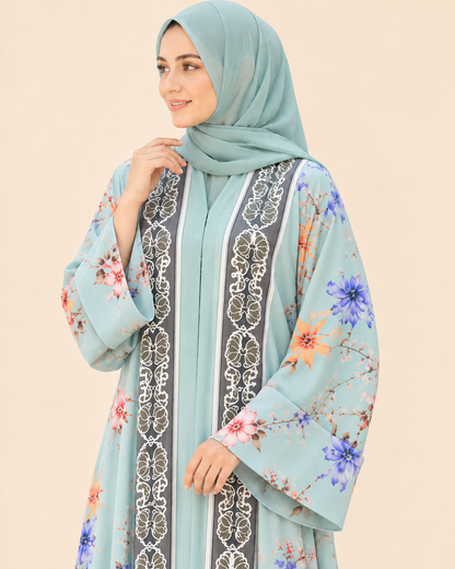 FAYRA Aqua Blossom Printed Abaya