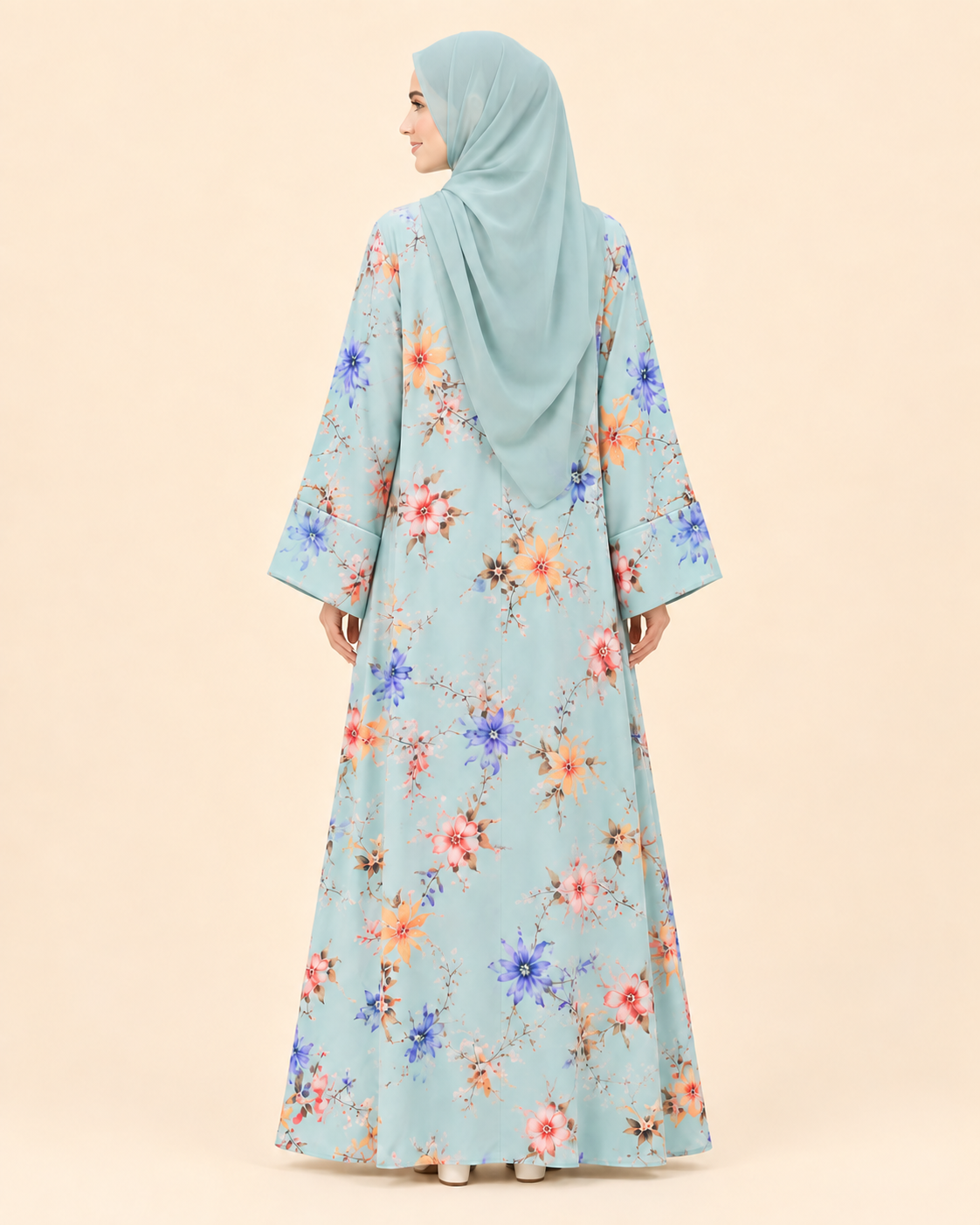 FAYRA Aqua Blossom Printed Abaya