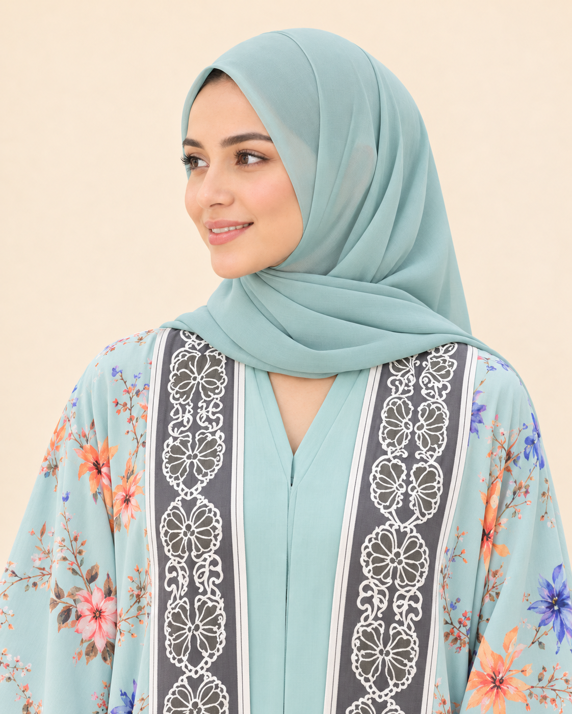 FAYRA Aqua Blossom Printed Abaya