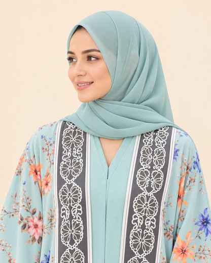 FAYRA Aqua Blossom Printed Abaya