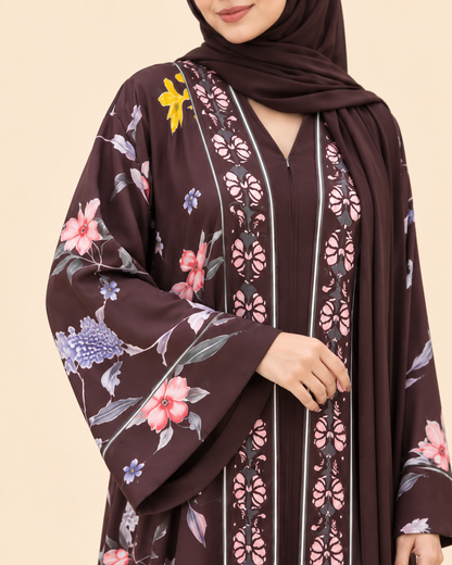 FAYRA Cocoa Bloom Floral Abaya