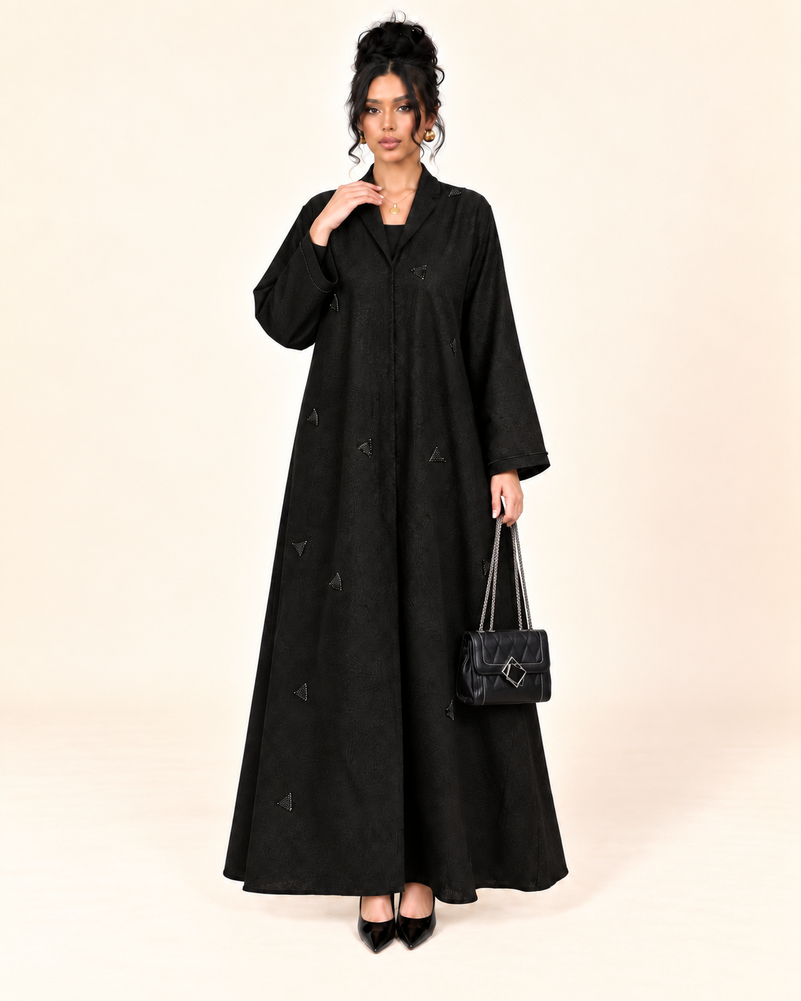 FAYRA Noir Triangle Embellished Jacquard Luxury Abaya