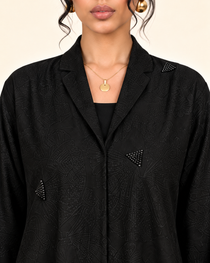FAYRA Noir Triangle Embellished Jacquard Luxury Abaya