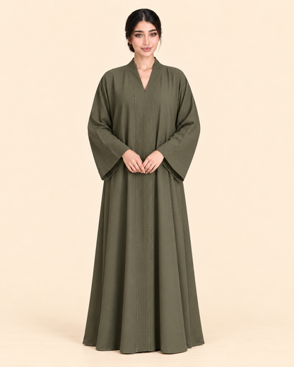 FAYRA Olive Serenity Crystal-Trim Abaya