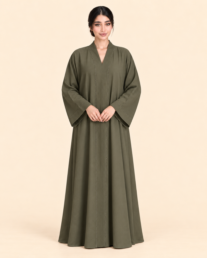FAYRA Olive Serenity Crystal-Trim Abaya