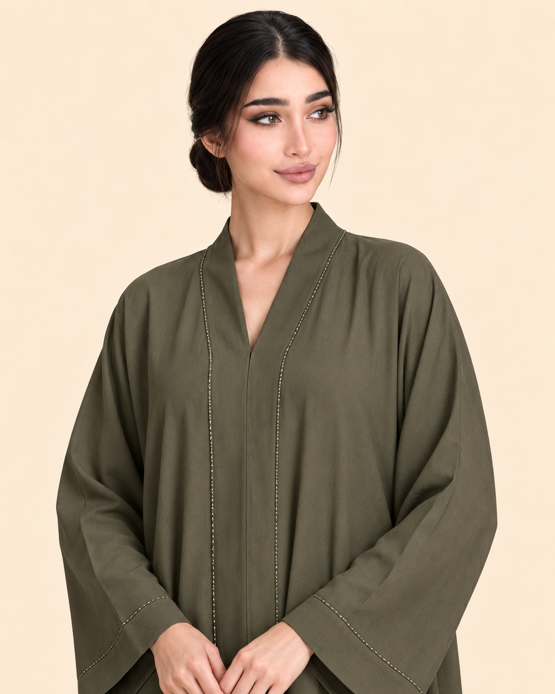 FAYRA Olive Serenity Crystal-Trim Abaya