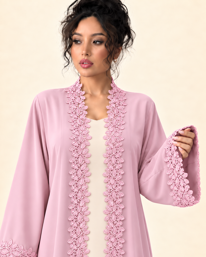 FAYRA Baby Pink Lace Party Wear Abaya